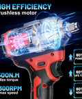 Mgym 500Nm Cordless Impact Wrench 1/2 Inch Electric Driver with brushless motor and max torque features.