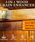 Applying 3-in-1 wood grain enhancer with a brush on wooden surface, showcasing water-based stain qualities.