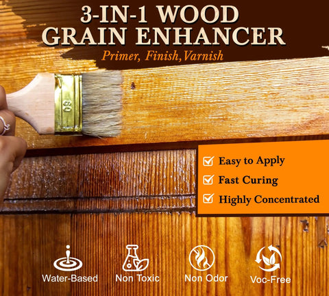 Applying 3-in-1 wood grain enhancer with a brush on wooden surface, showcasing water-based stain qualities.