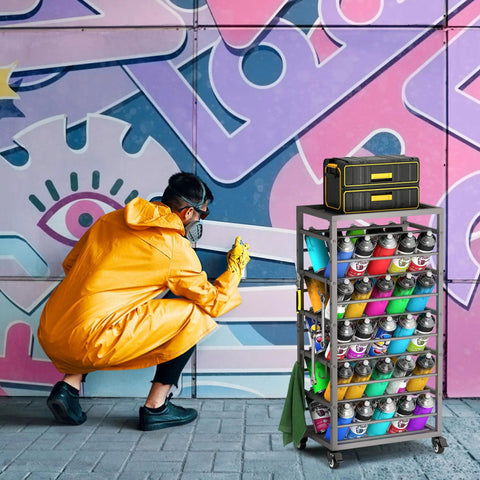 Artist using 50 Can Metal Paint Spray Cart With Wheel Holder And Top Tray Double Sided Storage Base And 6 Hooks Heavy Duty Metal Construction A Gotta Have Spray Can Organizer For Garage Shop Craft Space