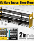 Beefy 49 Inch Wall Mount Power Tool Organizer With 620 Pound Capacity, detailed dimension view of shelving and drill holders.