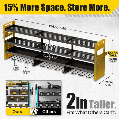 Beefy 49 Inch Wall Mount Power Tool Organizer With 620 Pound Capacity, detailed dimension view of shelving and drill holders.