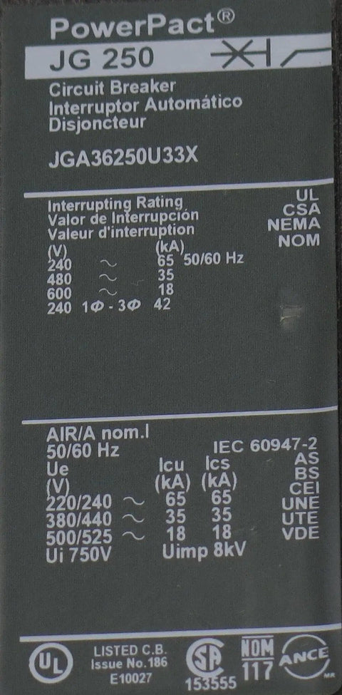 Pro Grade 250 Amp 3 Pole Circuit Breaker JGA36250U31X detailed specifications label showing interrupting ratings and certifications.