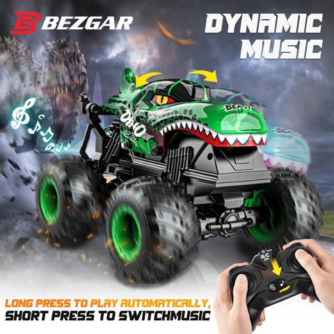 Monster Truck Remote Control Car With Lights And Music 1 To 20 Scale RC Truck for kids showing green design and dynamic music features
