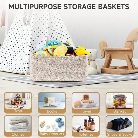 3 Pack Small Woven Rope Storage Baskets Mixed Brown, Compact Organizer For Closet Nursery, Durable Cord Basket To Stash Toys Diapers And Clothes, Legit Game Changer For Tidy Rooms