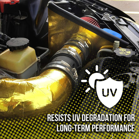 Reflect-A-Gold high-temp reflective insulation tape, 2in x 15ft, adhesive-backed, installed on engine intake ducting.