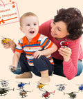 Child and adult playing with Eight Pack Diecast Helicopters Mini Model Planes With Spinning Propellers For Kids Birthday Party Favors