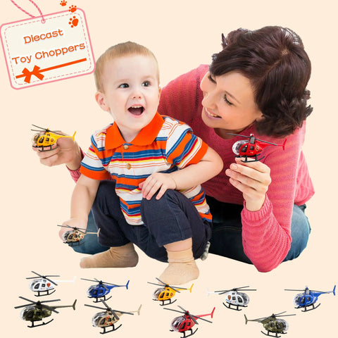 Child and adult playing with Eight Pack Diecast Helicopters Mini Model Planes With Spinning Propellers For Kids Birthday Party Favors