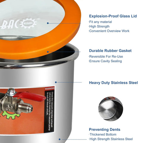 1.5 Gallon Vacuum Chamber With Tempered Glass Lid And Stainless Steel Build showing explosion-proof glass lid and rubber gasket