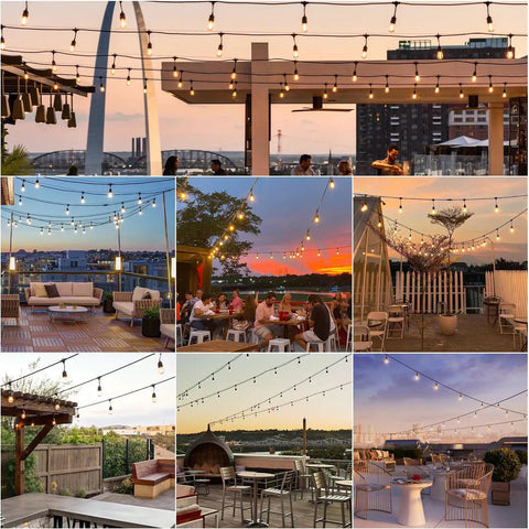 Collage of patios and cafes with 48 Ft Outdoor String Lights With 15 Shatterproof Bulbs 2W Commercial Grade Warm White 2700K IP65 Waterproof