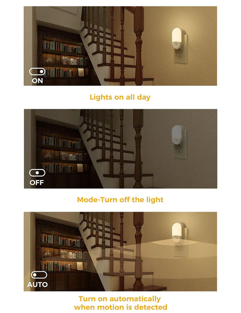 4 Pack Plug In Motion Sensor Night Light With 3000K Warm White showing on, off, and auto modes by staircase