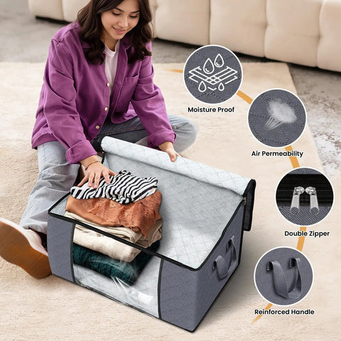 Top Notch Storage Bags For Clothes And Blankets With Secure Lids 6 Pack Non Woven Fabric Bins Featuring Clear Pvc Windows Reinforced Handles And Heavy Duty Quick Lock Zipper