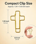 Cross Paper Clips Set Featuring 120 Multicolor Metal Bookmark Clips, close-up of gold clip, size 1.34 x 0.8 inches.