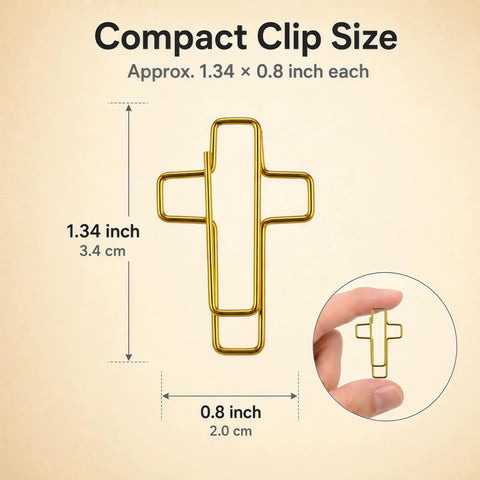 Cross Paper Clips Set Featuring 120 Multicolor Metal Bookmark Clips, close-up of gold clip, size 1.34 x 0.8 inches.
