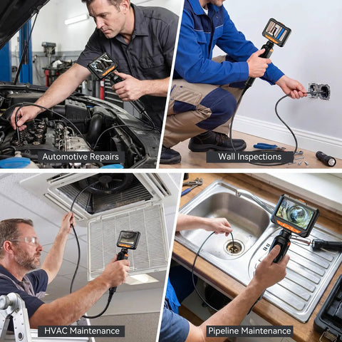 Two-Way 210° Articulating Borescope With 4.3 Inch 1080P Endoscope Camera And LED Light For Quick Engine And HVAC Inspections Pro-Grade Flexible Probe Crystal Clear Real-Time Views For Easy Troubleshooting, shown for engine, wall, HVAC, and sink inspections