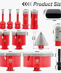 Diamond Core Drill Bit Set 12 Piece For Porcelain Ceramic Tile Marble Granite Dry And Wet Drilling With Finger Milling Bit Beveling Chamfer Bit And SDS Adapter Includes 6mm 8mm 20mm 25mm 35mm 50mm 75mm And 100mm Core Bits displayed with measurement details