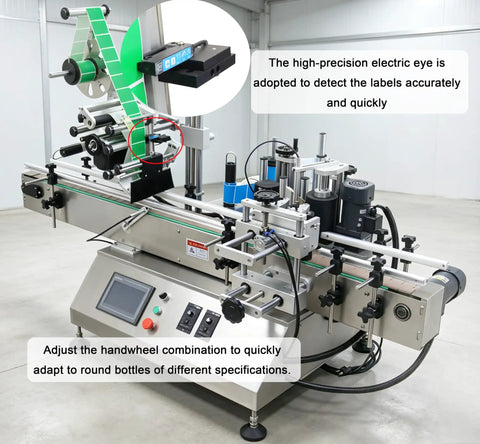 Heavy Duty Automatic Desktop Labeling Machine With Slick Touchscreen Interface, showing precision label detection feature.