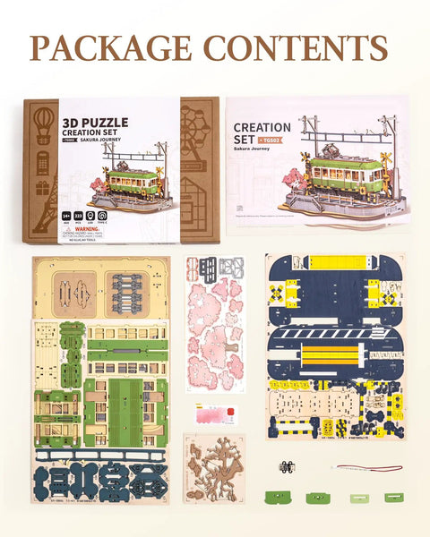 Sakura Journey Tram 3D Wooden Puzzle Kit For Adults 223 Pieces Hands On Model Car Building Set Chill DIY Craft Gift For Vintage Tram Lovers And Cherry Blossom Fans package contents with wooden parts sheets