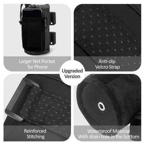 Close-up view of 2Pack Universal Cup Holder with net pocket, Velcro strap, reinforced stitching, and waterproof material.