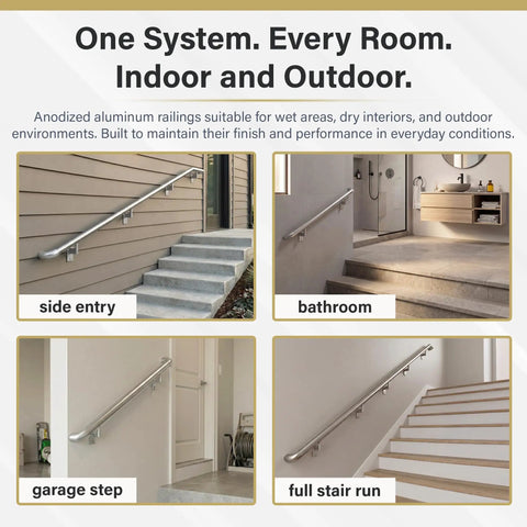 4 examples of 2Ft ADA Handrail Kit For Indoor And Outdoor Stairs, 1.6 Inch Round Satin Anodized Aluminum Railing With Pivoting Brackets