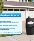 Garage Door Remote 310 MHz With 8 DIP Switches Dual Transmitters in front of garage door, features highlighted