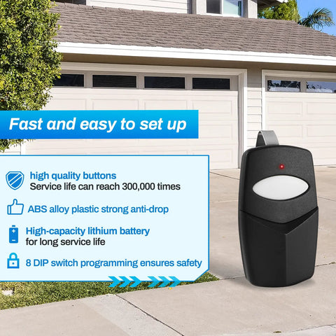 Garage Door Remote 310 MHz With 8 DIP Switches Dual Transmitters in front of garage door, features highlighted