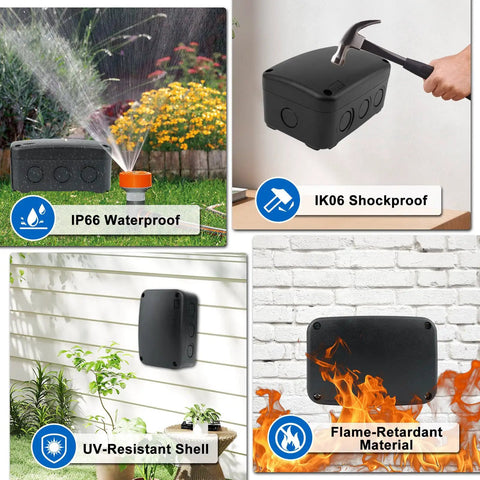 IP66 Waterproof Outdoor Junction Box Enclosure For DIY Solar CCTV And LED Projects, Black, Weatherproof Housing, Dust Tight, 4.9 By 3.3 By 2.3 Inches, 125 By 86 By 62 Mm, 70 Pack; UV-stable PVC/ABS