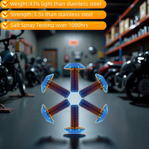Badass Lightweight Titanium Bolts M6x15 Umbrella Head Star Drive Burnt Blue Six Piece Set displaying corrosion-resistant titanium hardware.