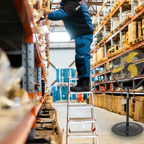30 Inch Tilting Pedestal Fan in warehouse with worker on ladder, 3 speed high velocity, heavy duty motor for industrial use