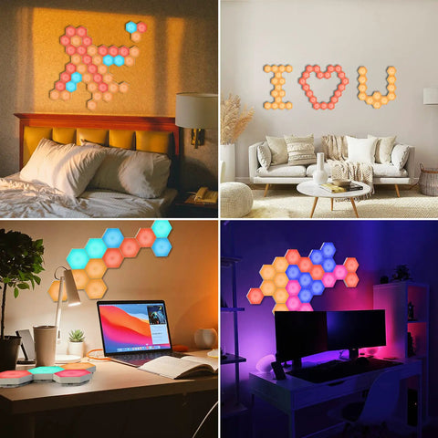 Hexagon LED Wall Panels With Remote And Touch Control, 13 Color RGB Hex Lights Kit in bedroom, living room, and game room setups