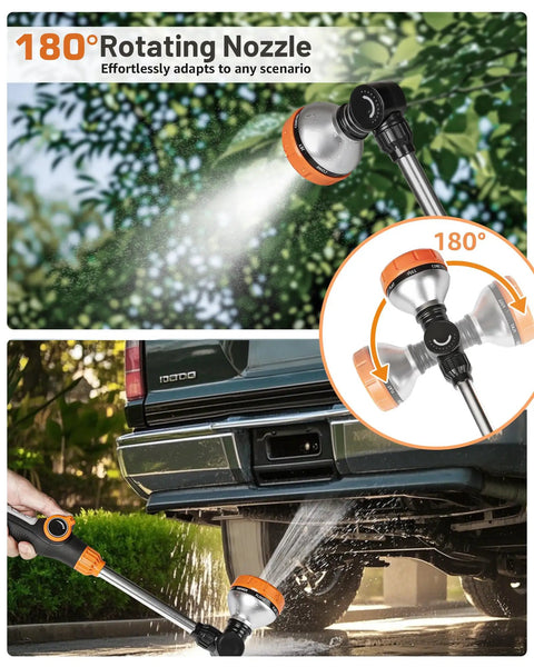 All New 2027 18 Inch Watering Wand For Garden Hose Sprayer With Eight Spray Patterns shown watering plants and washing a car