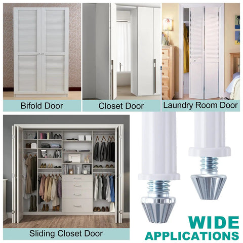 Four Pack Bi Fold Door Bottom Pivot Kit For Closet Sliding Doors showing applications, including bifold, closet, and laundry room doors.