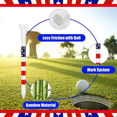 Three And One Quarter Inch Wooden Golf Tees With Stars And Stripes Colors Built Tough For 100 Count Durable Wood feature details