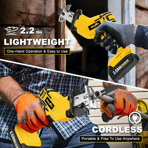 Cordless Reciprocating Saw With 0-3500 SPM Stepless Speed, Comes With 4 Blades And 2 Batteries shown cutting wood and metal