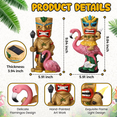 2 Pack Tiki Solar Lights 11.8 Inch Outdoor Tiki Statue Garden Torch Lamps With Flickering Eyes Bar Sign Flamingo Theme