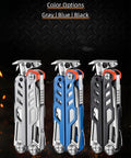 All In One EDC Multitool With Pliers And Fire Starter 20 Function Kit in gray, blue, and black, folded view