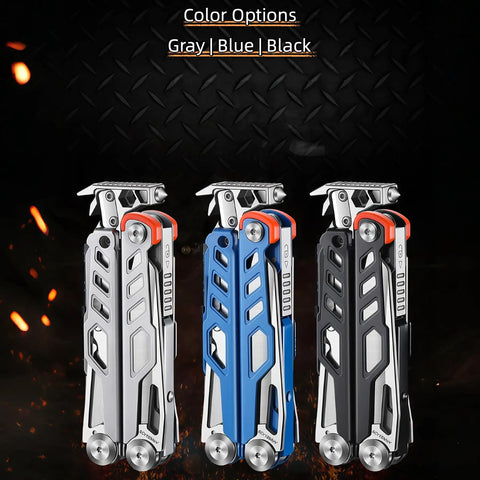 All In One EDC Multitool With Pliers And Fire Starter 20 Function Kit in gray, blue, and black, folded view