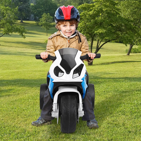 BMW Licensed 6V Ride On Motorcycle For Kids With Music, Foot Pedal Acceleration, Front Headlight, Leather Seat Cushion, 3 Wheel Battery Powered Tricycle Toy, Safe Metal Frame, Sapphire Color, child riding outdoors
