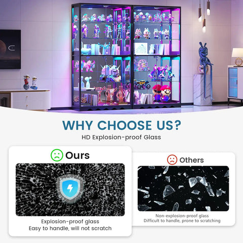 8-Tier RGB Glass Display Cabinet With Motion Sensor And Remote, Lockable Glass Doors, showcasing figures in a room setting