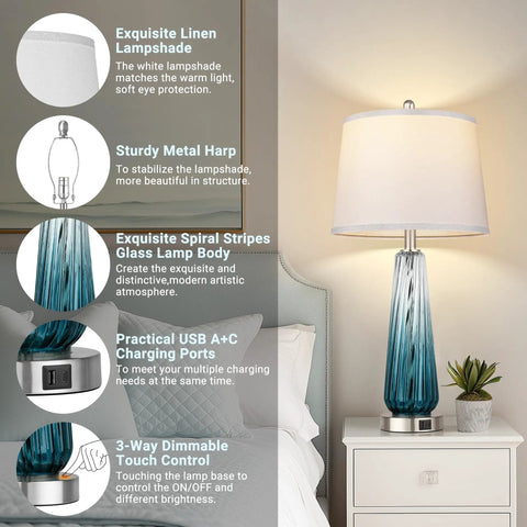Teal Glass Table Lamp With USB A and C Ports, 3 Way Dimmable Touch Control Nightstand Light, White Linen Shade, 27.5 Inch Tall