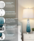 Glass Table Lamps Set Of 2 With Touch Control, 3 Way Dimmable, USB A C Charging, Sleek Teal Gradient Finish, White Fabric Shade, 27.5 Inch