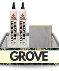 Graphite Lubricant Powder Bundle With Microfiber Cloth For Metal Wood Plastic And Rubber Extra Fine Dry Lubricant Odorless And Non Toxic Year Round Protection 0.21 Oz Per Bottle 3 Item Set displayed in tray with tubes and cloth.