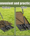 Side view of Heavy Duty Stainless Steel Lawn Leveling Rake With 28 To 60 Inch Adjustable Handle No Flip Design Keeps It Flat While You Push Smooth Edge Top Dressing Tool For Yard Garden And Lawn Care showing before and after leveling ground.