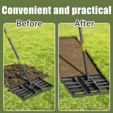 Side view of Heavy Duty Stainless Steel Lawn Leveling Rake With 28 To 60 Inch Adjustable Handle No Flip Design Keeps It Flat While You Push Smooth Edge Top Dressing Tool For Yard Garden And Lawn Care showing before and after leveling ground.