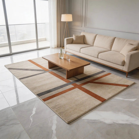 Living room with beige sofa and rug secured by 16Pcs Rug Gripper Tape Set, Non Slip Carpet Tape For Hardwood Floors And Tiles