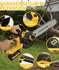 12 Inch Cordless Electric Chainsaw With 20V Battery Auto Oiler Dual 4.0Ah Batteries Two Chains Compact Light Design For Tree Trimming Wood Cutting And Pruning Brushless Motor being used in yard showing upgraded security features