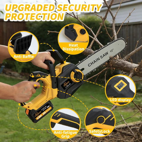 12 Inch Cordless Electric Chainsaw With 20V Battery Auto Oiler Dual 4.0Ah Batteries Two Chains Compact Light Design For Tree Trimming Wood Cutting And Pruning Brushless Motor being used in yard showing upgraded security features