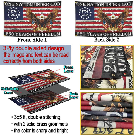 Patriotic 250th Anniversary USA Flag 3x5 Ft Double Sided Outdoor Banner Durable 3 Ply Polyester Yard Flag For 4th Of July And Outdoor Decorations For Home Yard Displays front and back design with layers and materials