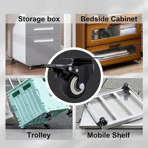 Heavy Duty 2 Inch Swivel Caster Wheels With Dual Lock Brakes on various furniture items like cabinets and trolleys.