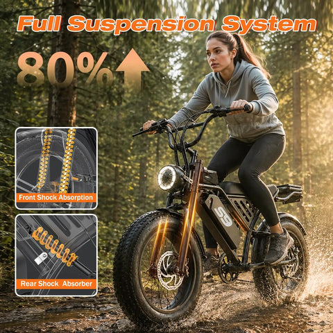 Woman riding All Terrain Fat Tire Electric Bike For Adults With 36 MPH Top Speed, 100 Mile Range on forest trail